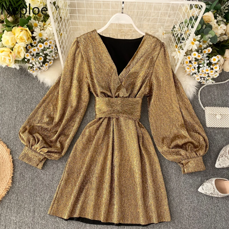 Женское платье с v образным вырезом Neploe Золотое приталенное высокой талией и