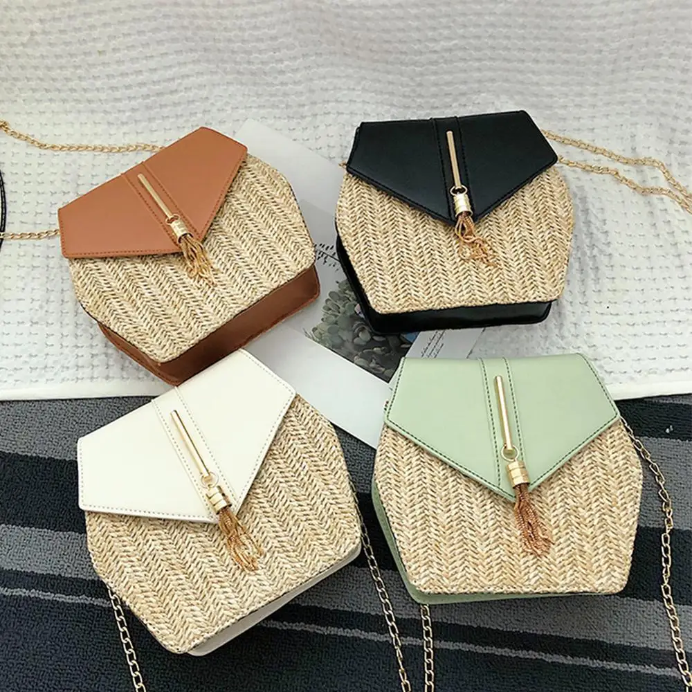 Женская соломенная сумка в стиле шестиугольника + Кожаная из ротанга плетеная