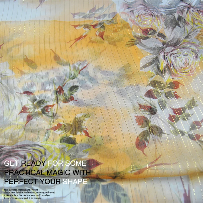 Silk Georgette Chiffon Fabric Dress Bright Yellow Rose Gold  Pleated  Thin Transparent Summer Skirt  DIY Sewing