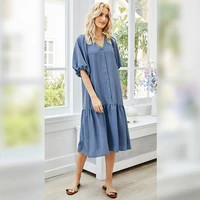 women petal sleeve v neck loose midi dress summer solid color casual single breasted shirring patchwork fashion party vestidos