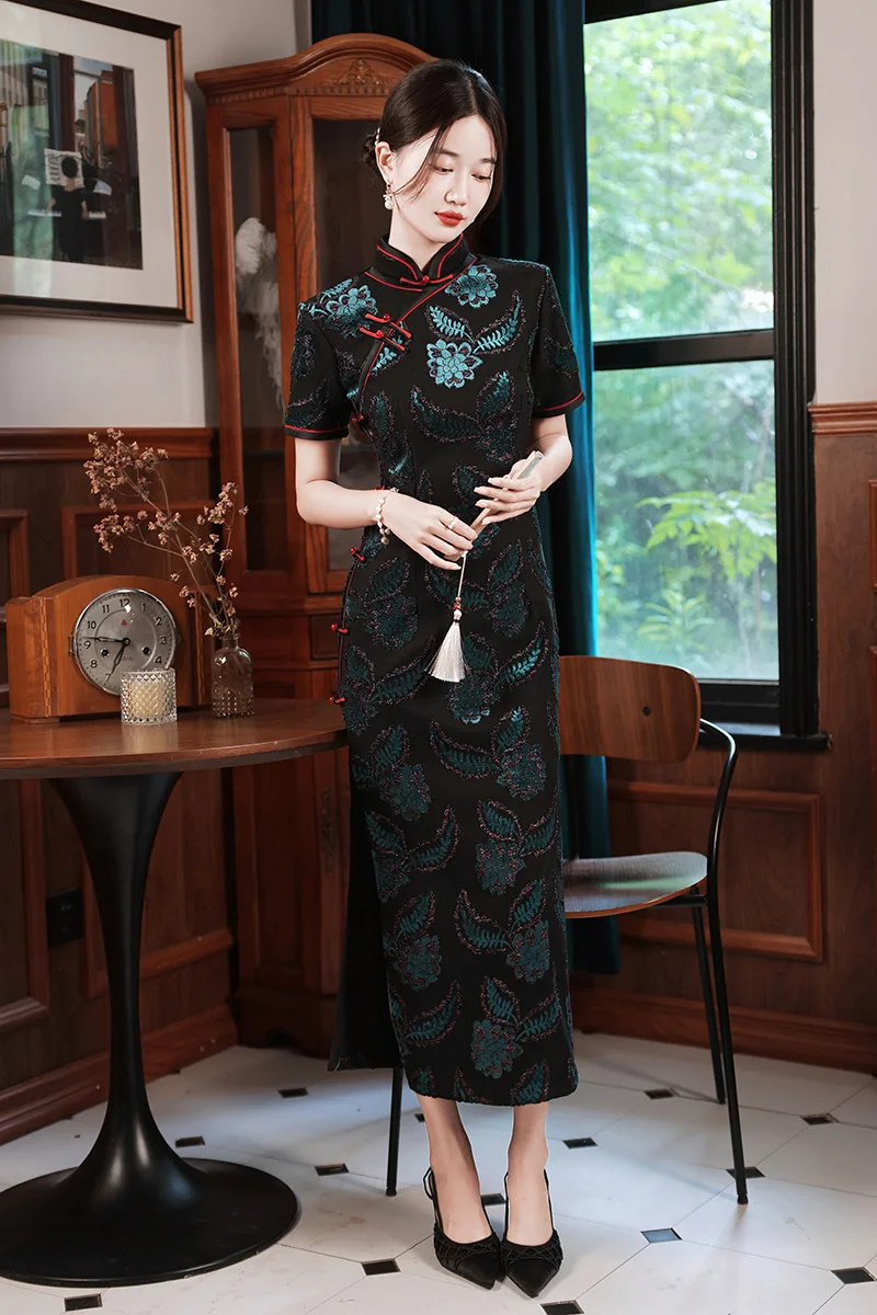 FZSLCYIYI Повседневный Ретро короткий рукав Флокирование жаккард Элегантный тонкий