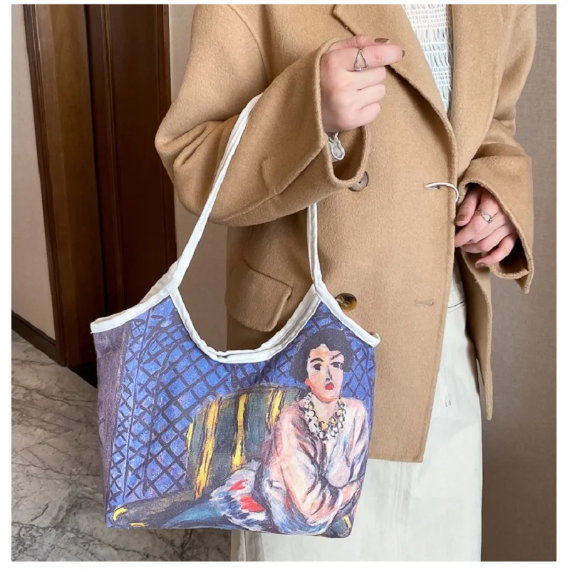 

Canvas Shoulder Bag 2021 Trend Oil Painting Pattern Large Capacity Handbag Lady Creative Shopping Bag Fashion Totes And Shopper