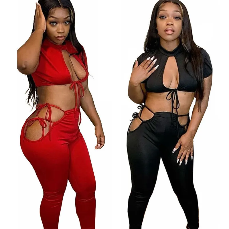 

Сексуальные костюмы WUHE из 2 предметов с вырезами, короткий топ с круглым вырезом и коротким рукавом на шнуровке и облегающие брюки, спортивн...