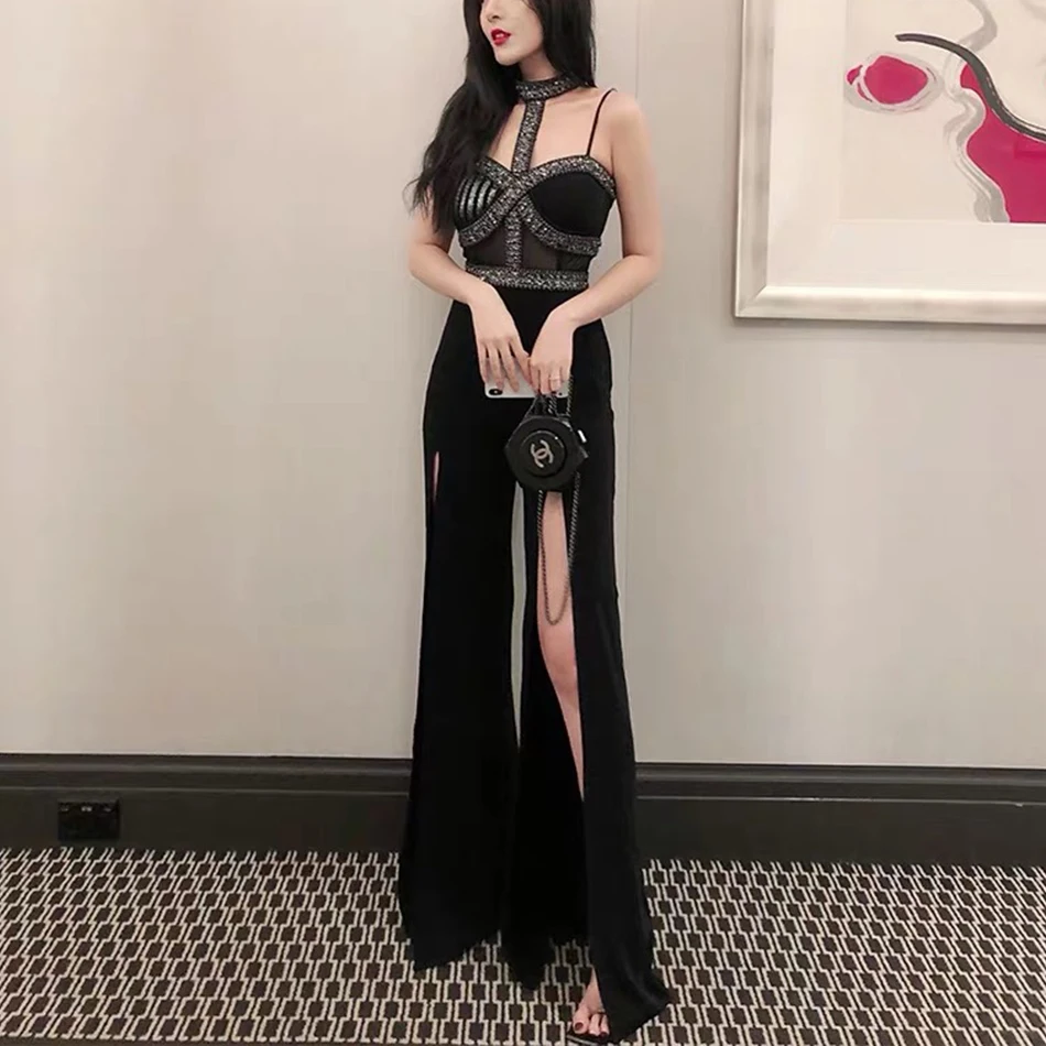 Женский бандажный комбинезон с бусинами открытой спиной и разрезом вечерние