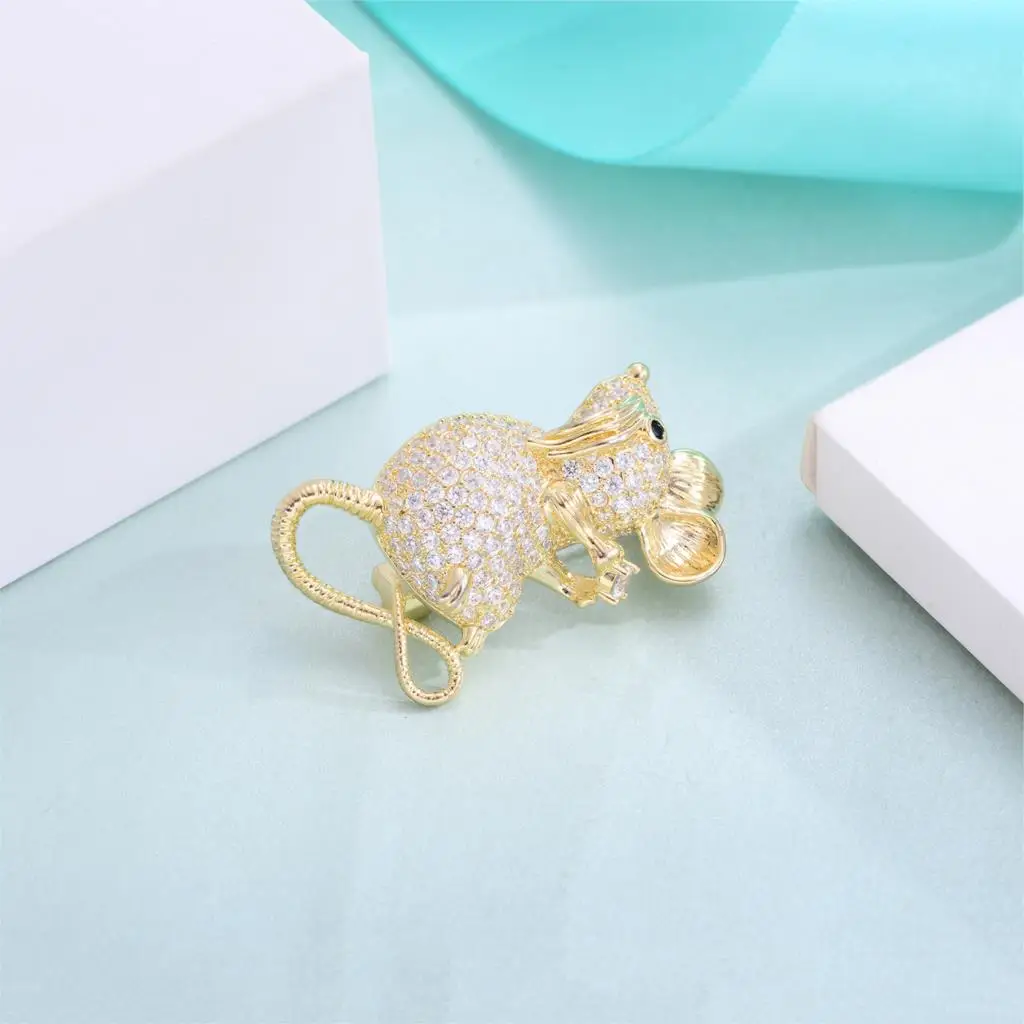 Милые черные белые циркониевые Броши с изображением мыши для женщин Золотой