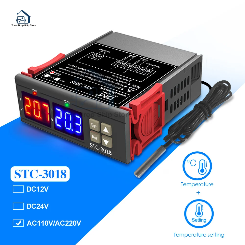 

Dual Digital Temperature Controller C/F Thermostat Thermoregulator Incubator Relay Heating Cooling DC 12V 24V AC 110V-220V 10A
