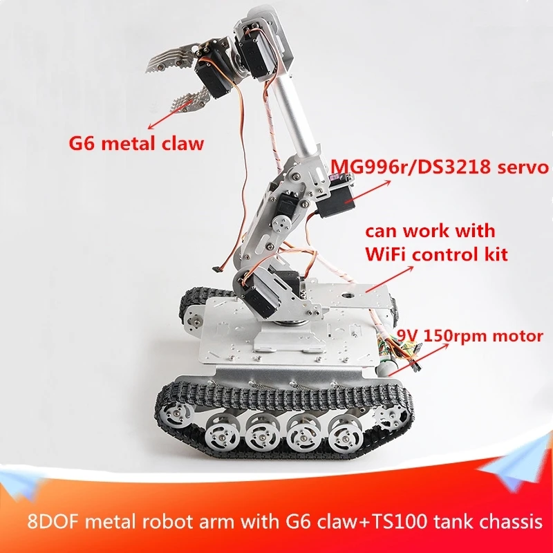 

With G6 Claw 8DOF Metal Robot Arm+TS100 Tank Chassis Car Kit 9V DC Motor Two Types Servo for Choose DIY Crawl Transport Robot