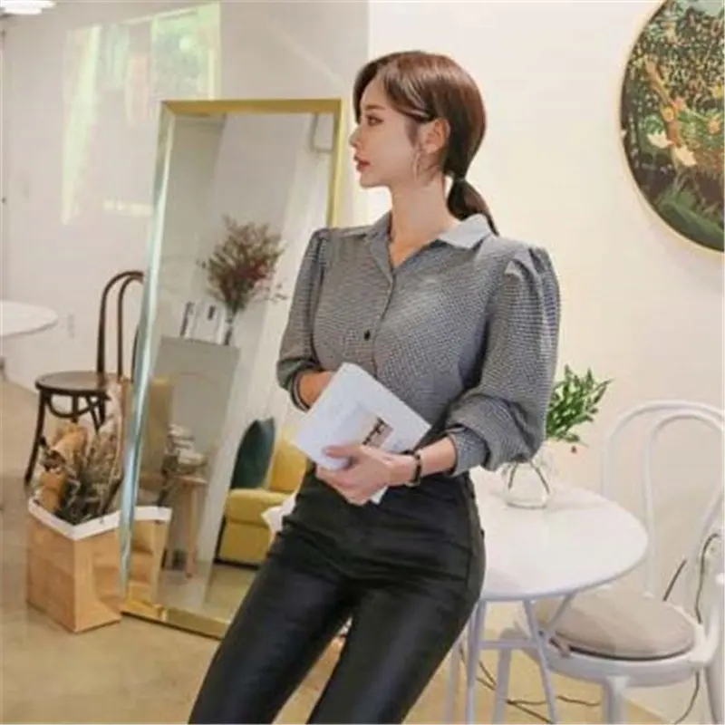 Alien Kitty 2020 Grey Plaid Sweet Stylish All-Match Loose Office Lady Casual Plus Size Vintage Chic Basic Blouses Retro Shirt |