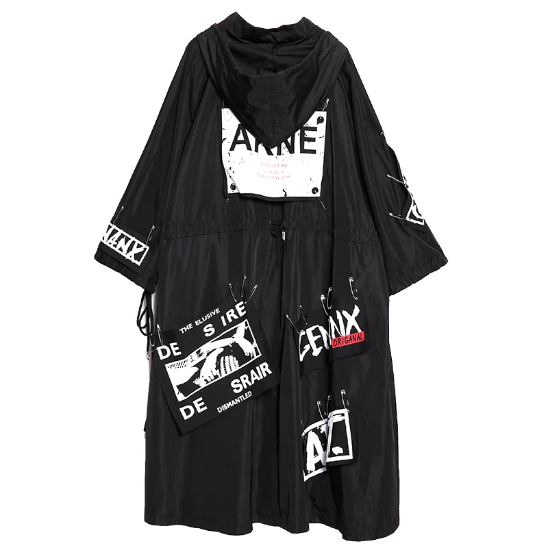 

Spliced Plus Size Black Trench For Women Tide Long Print Streetwear Hoodie Casual Female Wide Waisted Coat 2019