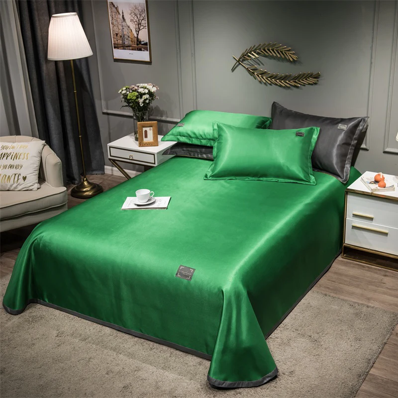 

2021 Newest Products Pure Color Embroidered ice Silk Mat Bed Cover fitted sheet Pillowcases 3 pcs Luxury Bedding Green Color