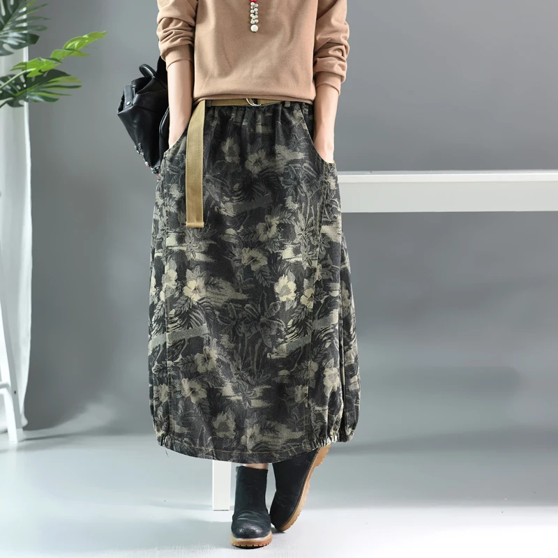 Джинсовые юбки для женщин с цветочным принтом осень 2019 новинка эластичная