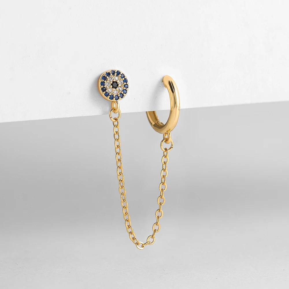 

1 PC Fashion Zirconia Crystal Blue Eye Stud Earrings for Women Gold Color Long Chain Pierced Huggie Earrings Jewelry Gifts