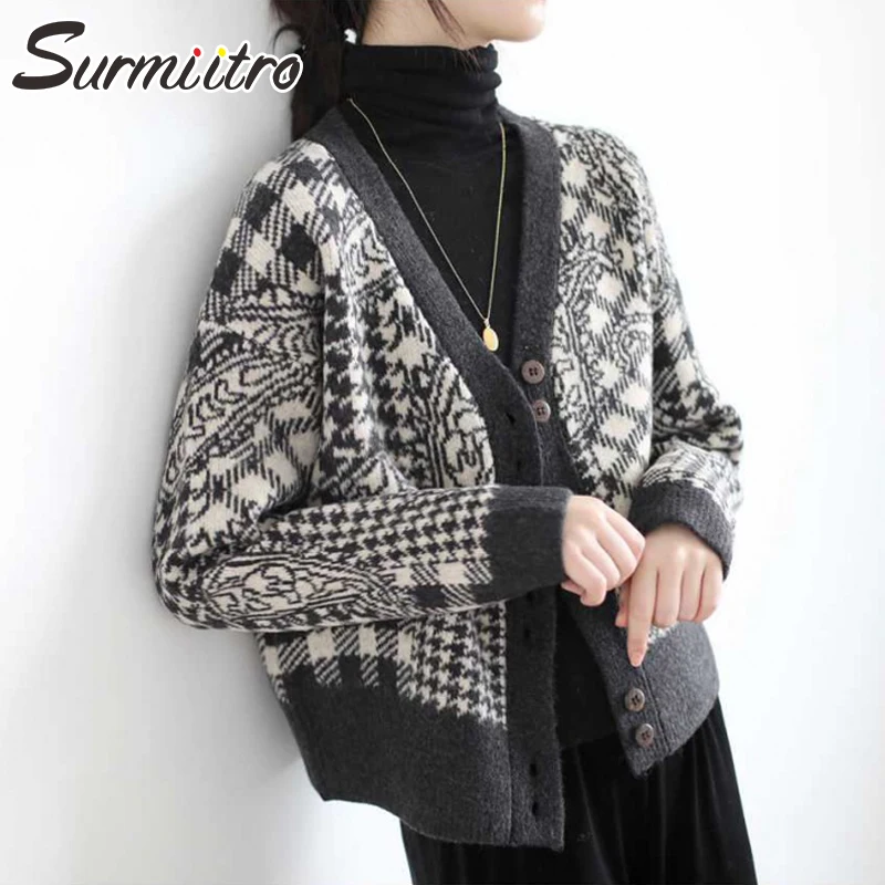 

SURMIITRO Cardigan Women 2021 Autumn Winter Vintage Plaid Korean Style Long Sleeve Sweater Female Knitted Jacket Coat Knitwear