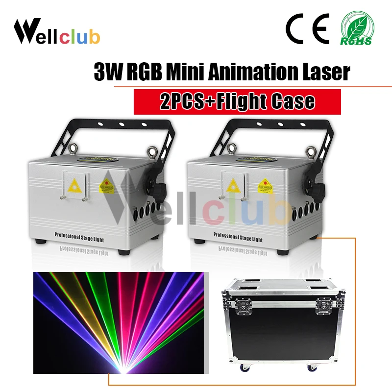 2 шт. с Flightcase 3 Вт анимация RGB лазерные диджейские огни dmx многоцветная программа DMX