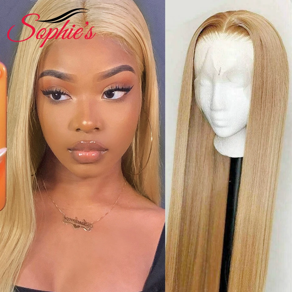 Sophies 27 Blonde Color 4*4 Lace Closure Human Wig For Black Women Brazilian Straight Remy Hair With Baby Hair 180% Density