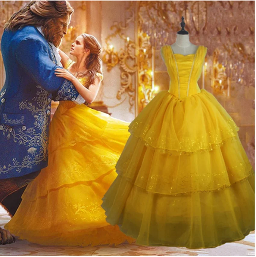 

2021 Beauty And The Beast Costumes Princess Belle Dresses Adult Fancy Cosplay Halloween Costume For Women Yellow Fantasias Dress