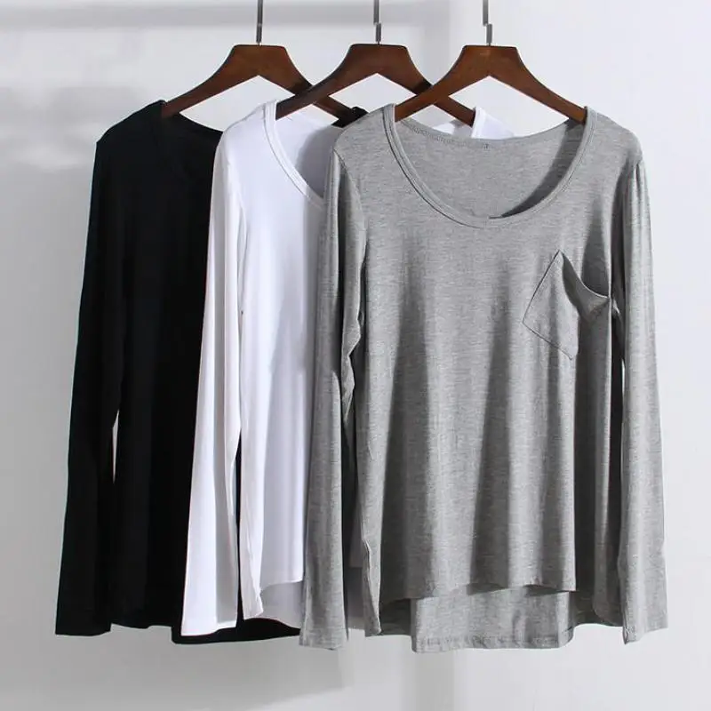 Модальный длинный рукав с круглым вырезом Однотонная футболка Весна Лето Новое
