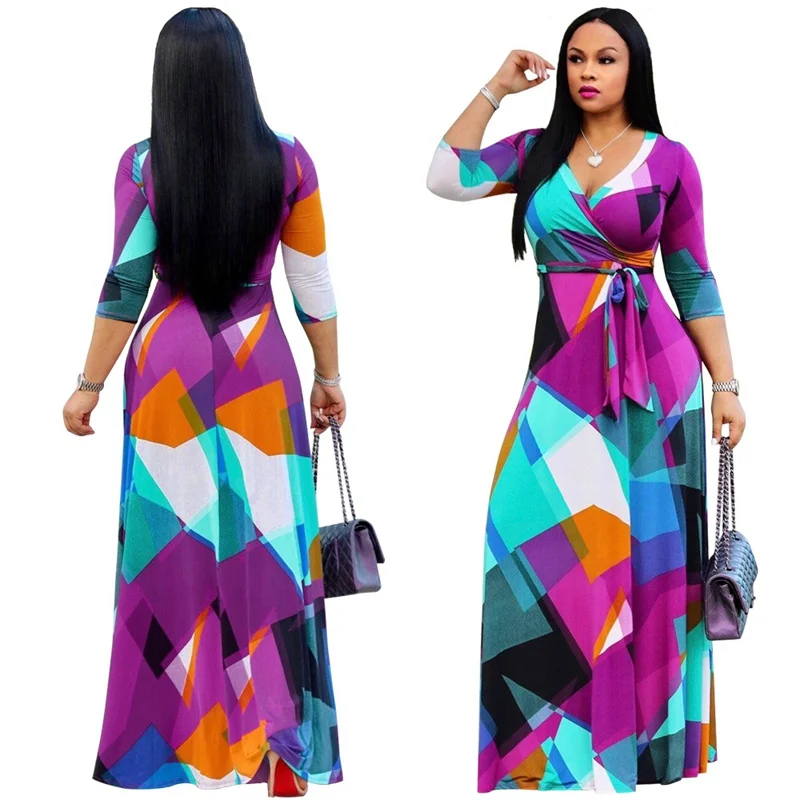 

Dropshipping S-5XL Plus Size V Neck Boho Floor-length Casual Dress Elegant Women's Floral Print Long Sleeve Maxi Bohemian Dress