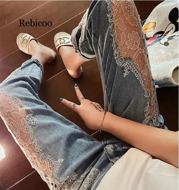 

Summer Lace Patchwork Wide Leg Jeans Women Harajuku Fashion High Waist Streetwear Clubwear
