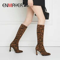 enmayer 2019 winter women boots stretch faux suede slim boots mid calf fashion slip on thin heels flcok shoes women size 34 43