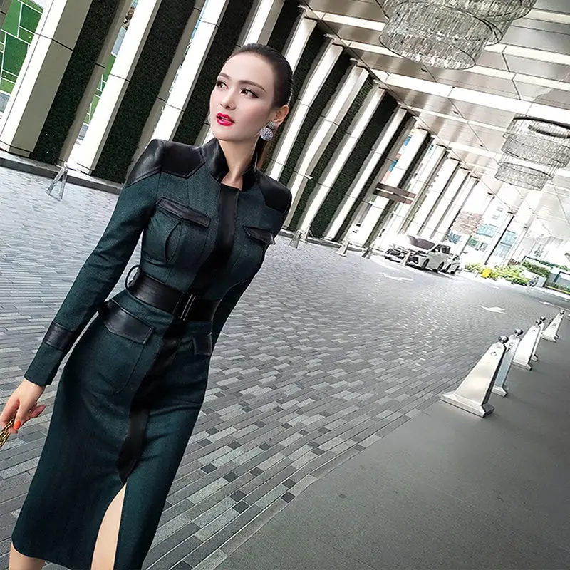 

Women 2022 Autumn Winter Stand Collar Dresses Elegant Female Business Dress Office Lady PU Leather Splice Bodycon Vestidos J43