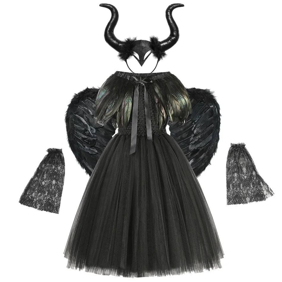 Wicked Hexe Schwarz Kleid Halloween Kostüm Gothic Dark Hexe Königin Mädchen Tutu Kleid mit Feder Cape Schal JYF