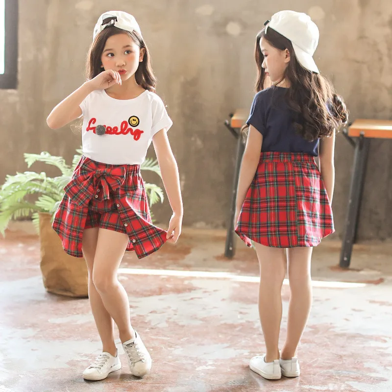 

Girl Clothing Sets Casual Korean Short-sleeved T-shirt Irregular Plaid Culottes 2pcs 4-12 Years Children Girl Suits 2020 Summer
