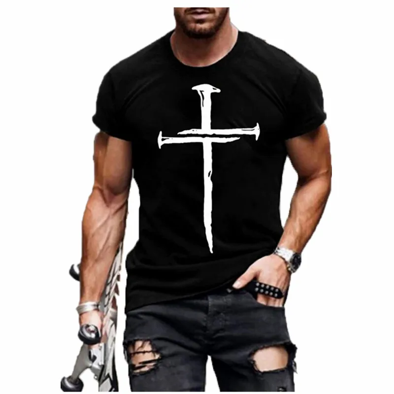 

Oversized T-shirt Men's Fashion Round Neck Clothing 3D Cross Printing Casual Simple Style Pullover Short Sleeve Shirt 2021