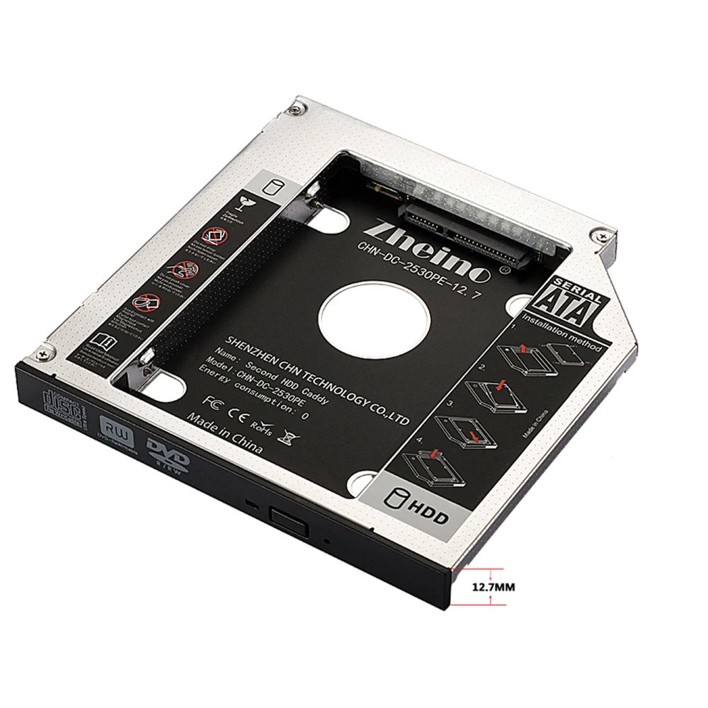 Zheino SATA Caddy алюминиевый 9,5 мм 12,7 мм 9,0 мм 2nd HDD/SSD адаптер подходит для 2," SATA 2nd HDD SSD для ноутбука ODD DVD/CD-ROM Optibay