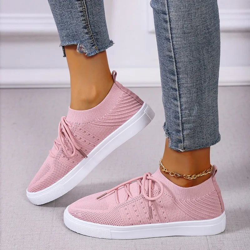 

2021 Lace Up Platform Socks Sneakers Women Breathable Vulcanized Shoes Women Mesh Non-slip Casual Running Shoes Large Size 35~43