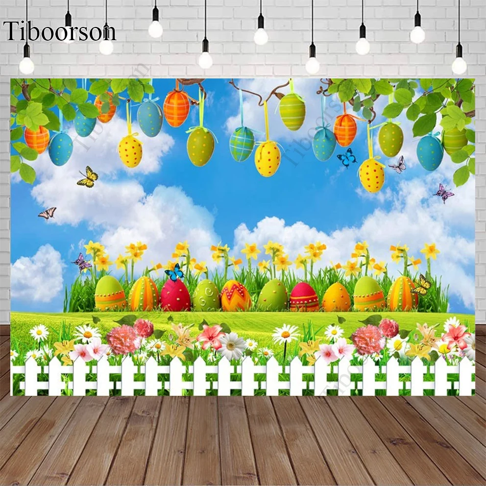 

Spring Easter Backdrop Colorful Eggs Grassland Flowers Fence Butterfly Background Baby Shower Party Decoration Photo Studio Prop