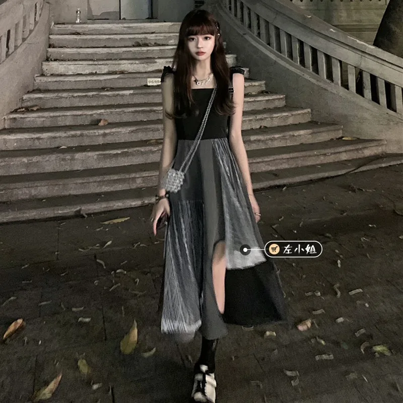 

Платье принцессы Escape, Новинка лета 2021, французское Ретро Сетчатое платье неправильной формы на бретелях, платье с поясом, женская одежда