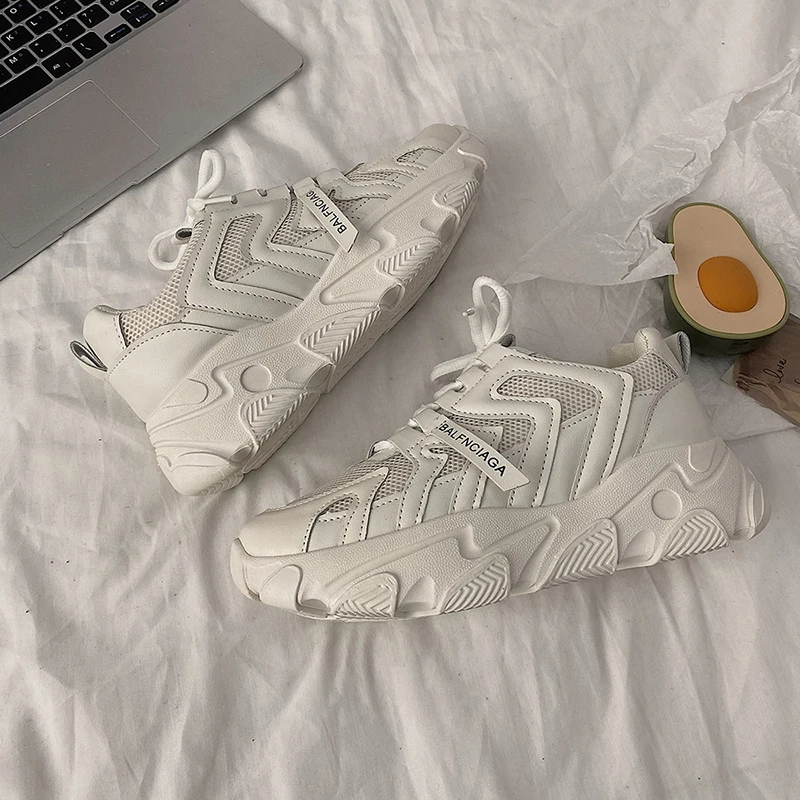 

Women Platform Chunky Sneakers 4cm High Lace-up Casual Vulcanize Shoes Luxury Designer Old Dad Female Fashion Sneakers 2021