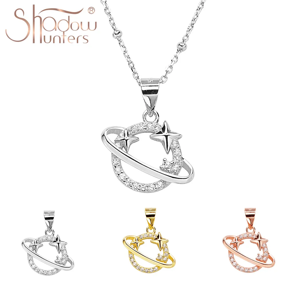 

SHADOWHUNTERS 100% Real 925 Sterling Silver CZ Saturn Necklace With Stars Around Dream Planet Pendant Choker Fine Christmas Gift