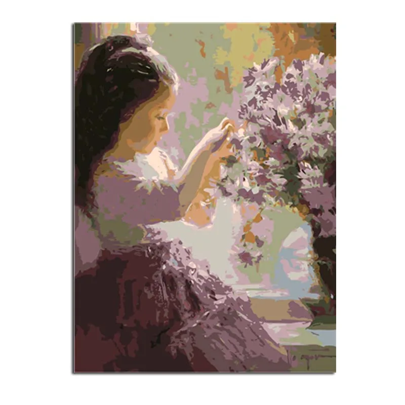 Маленькая девочка и фиолетовые цветы DIY Цифровая живопись по номерам раскраска