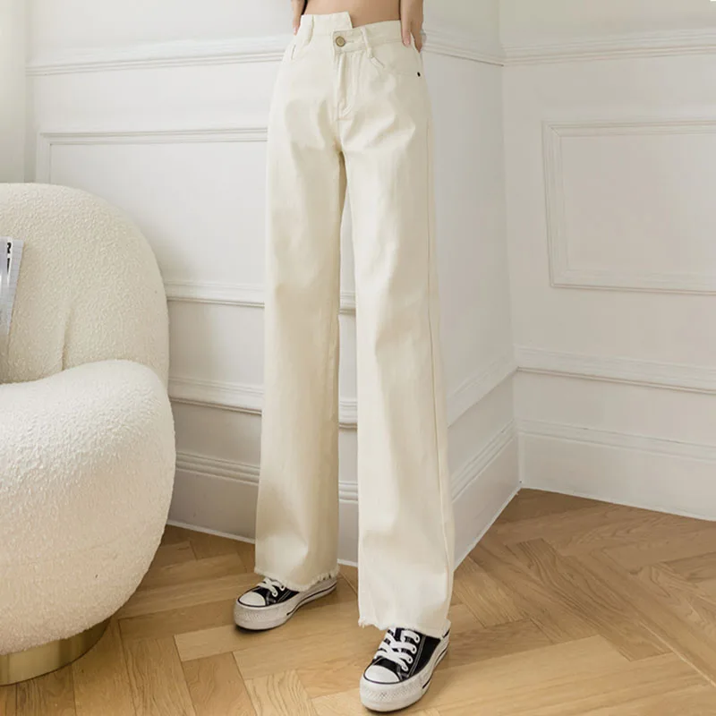 

White Fashionable High-waisted Wide-leg Women's Jeans Are Thin New Irregular Soft Waxy Drape Straight Loose Mopping Trousers