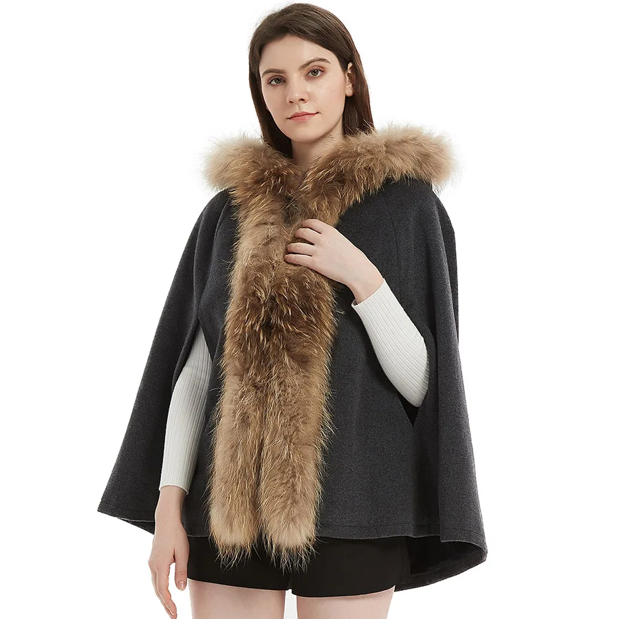 

Natural Real Raccoon fur collar Removable Woolen Women Coat Women's cape Outerwear Coat Streetwear autumn Wool Cloak