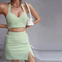 green lattice two pieces suits women halter cropped v neck tops high waist split fork short skirt suit tartan casual summer sets
