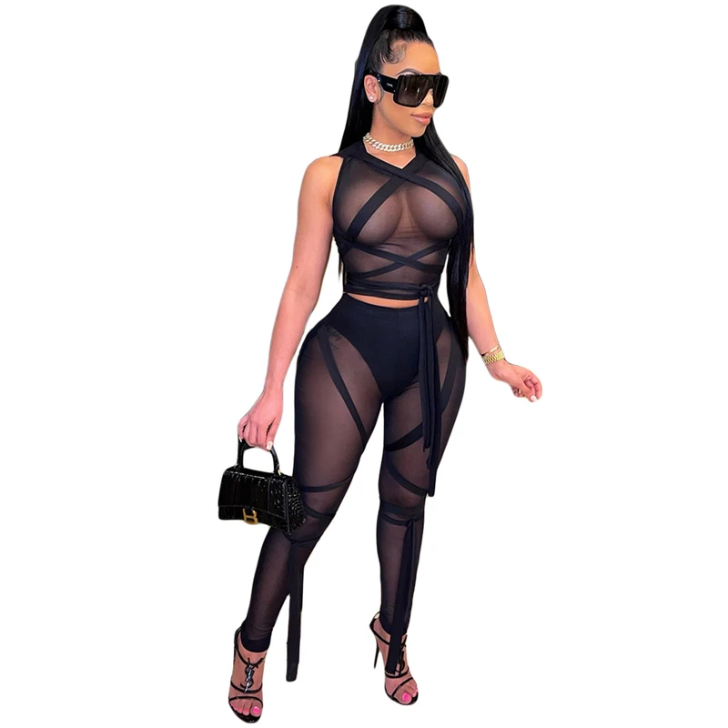 

Women Solid Ribbon Lace Up Sheer Mesh Two Piece Set Sleeveless Crop Top Pencil Pants Night Club Suit Summer Beach Outfit