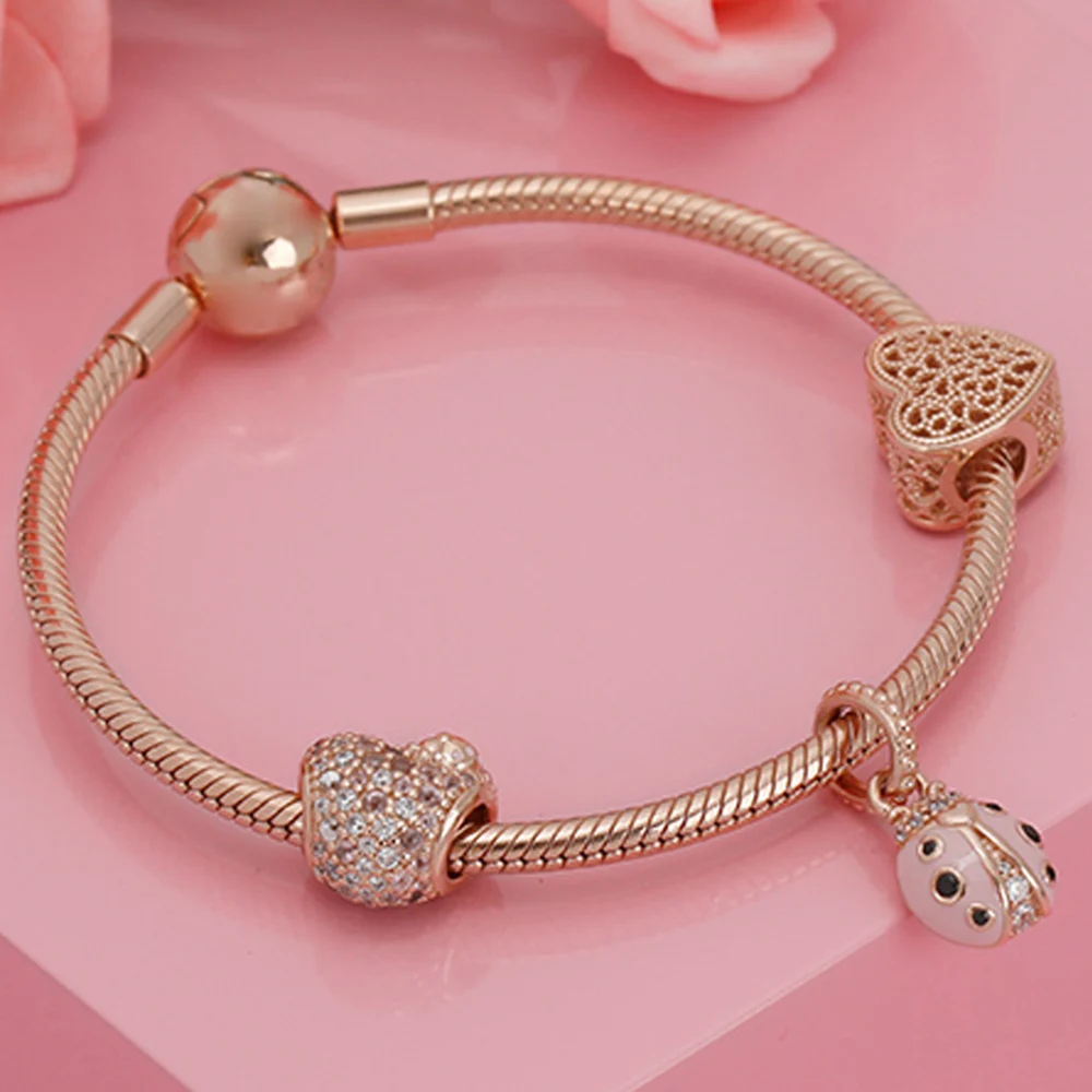 

2020 100% 925 Sterling Silver Women's Fashion Blooming Series Lucky Pink Ladybug Bracelet DIY Beaded Rose Bracelet Set D58011