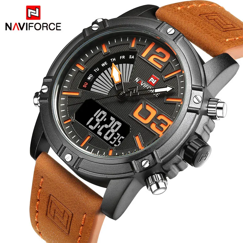 Black Orange Топ люксовый бренд аналоговые светодиодные часы мужские кожаные кварцевые часы мужские армейские военные спортивные водонепроницаемые наручные часы Relogio Masculino - Цвет: Black Orange