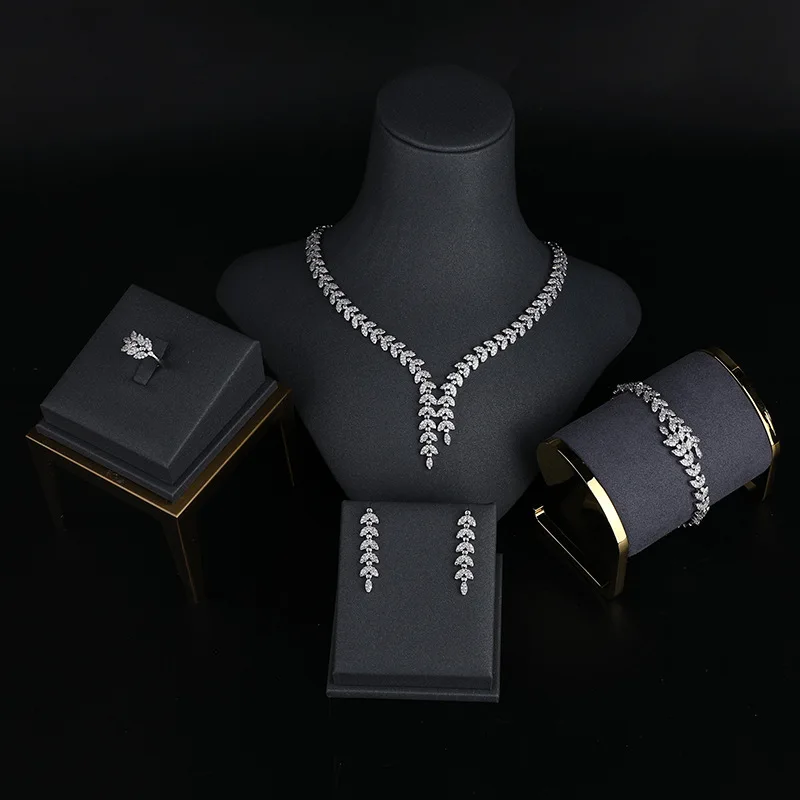 MYFEIVO полный циркон 5 штук Листья Свадебные Ювелирные наборы роскошное ожерелье браслет кольцо серьги комплект для женщин HQ0872
