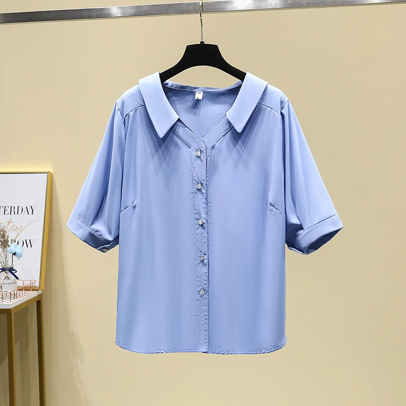 

Blue/White 2021 Summer Women Blouse Elegant Chiffon Shirt Half Sleeves Turn-down Collar Solid Shirts Womens Casual Tops