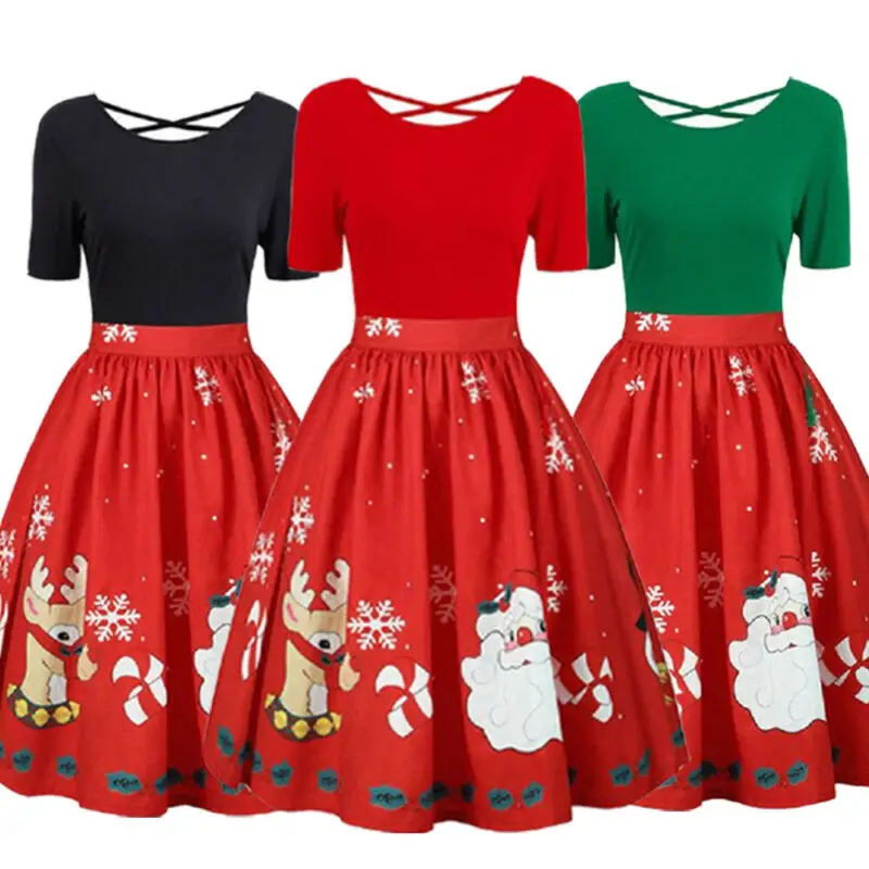 Плюс Размеры Рождество женская одежда Платье Клеш до середины икры Вечерние