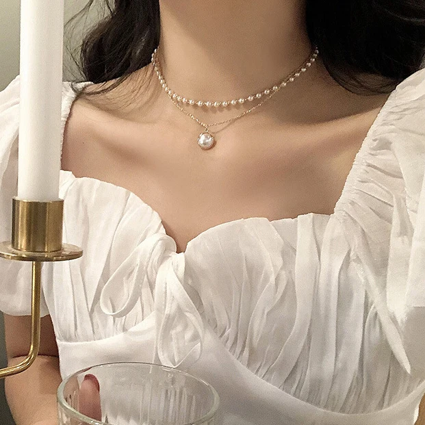 

New Fashion Chain Double Pearl Necklace for Women Baroque Pearl Metal Charm Pendants Necklaces Choker Bead Chain Jewelry Gifts