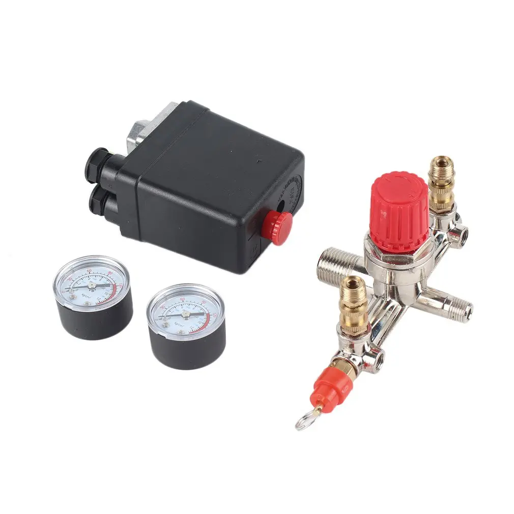 

40343 Adjustable Pressure Switch Air Compressor Switch Pressure Regulating with 2 Press Gauges Valve Control Set
