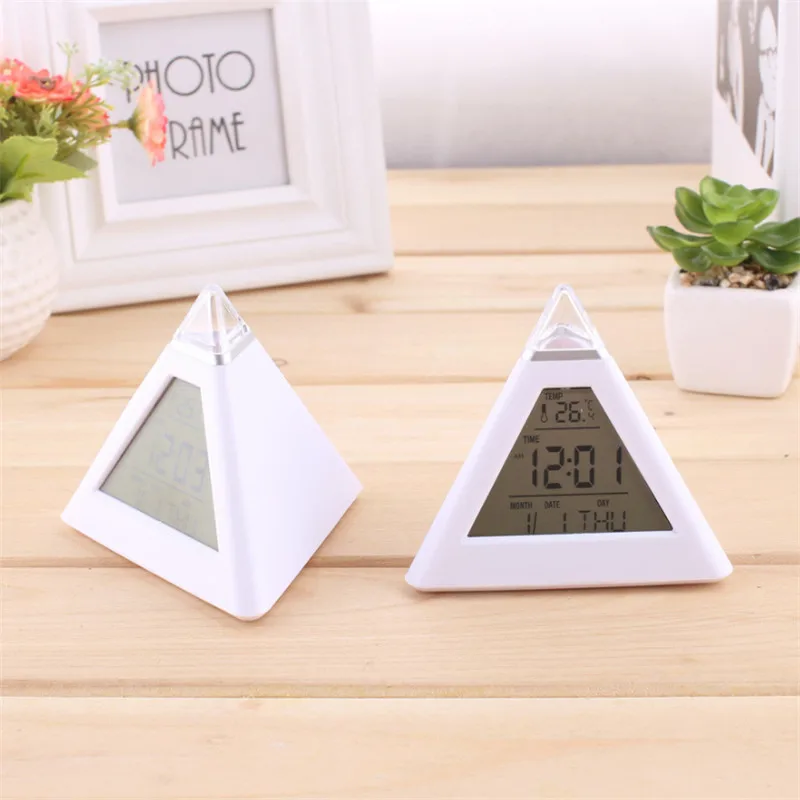 Pyramid Shape 7Color Change Colorful Alarm Clock Home Decor Time LED Digital LCD Creative Fashion Office Table | Дом и сад