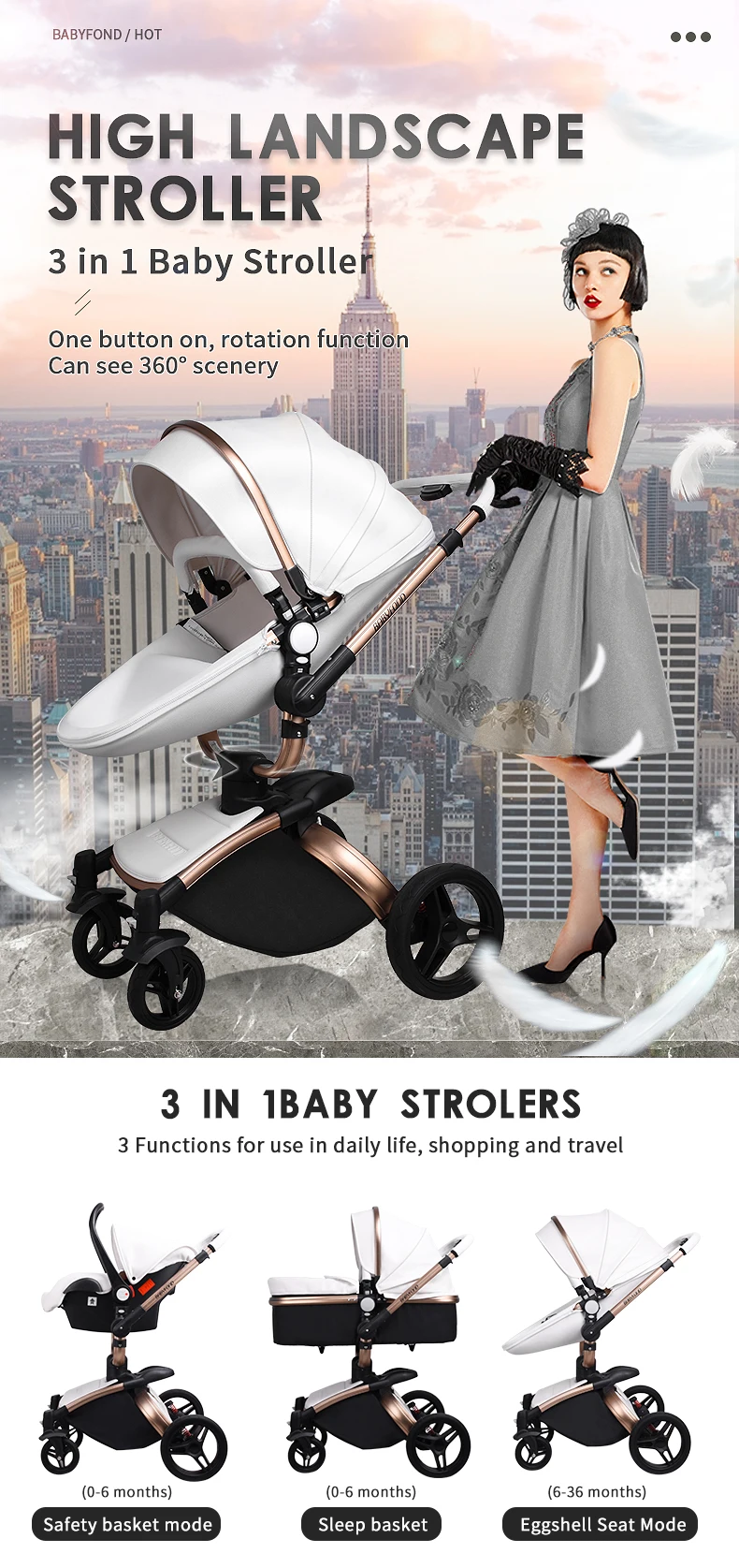 Babyfond 3 в 1 Роскошная двухходовая Складная четырехколесная детская коляска с кожаным каркасом из алюминиевого сплава, складная детская коляска