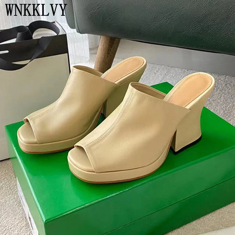 

2021 NEW summer chunky high heels slippers women peep toe shoes fashion beach leisure shoes vacation real leather sandals