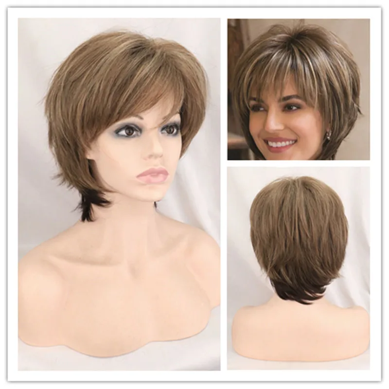 

SuQ Short Wig For Women Mixed Blonde Brown African Synthetic Female Haircut Puffy Straight Natural Hair Wigs Heat Resistant